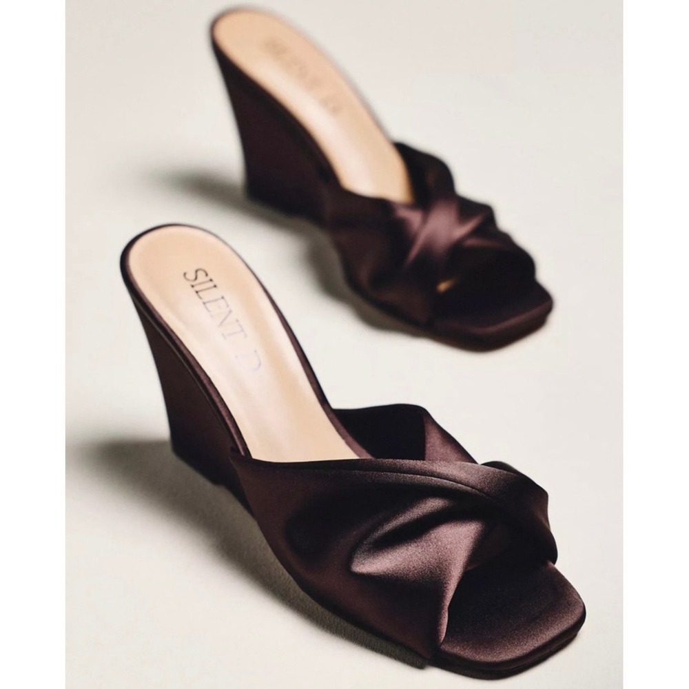 Silent D Katia Wedge Satin Twist Sandals Square Open Toe Chocolate Brown‎ 37 / 7